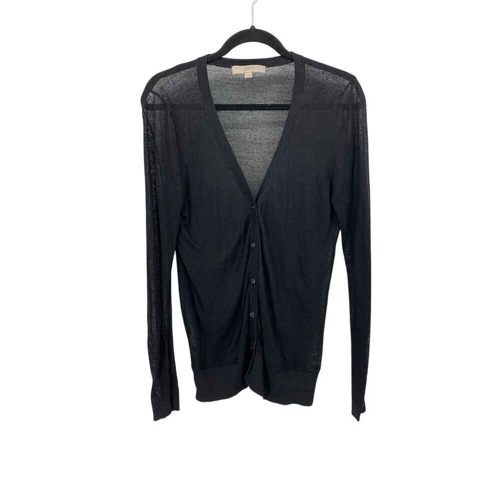 LOFT Cardigan Womens Large Black Semi-Sheer Fine Knit Deep V-Neck V-Back